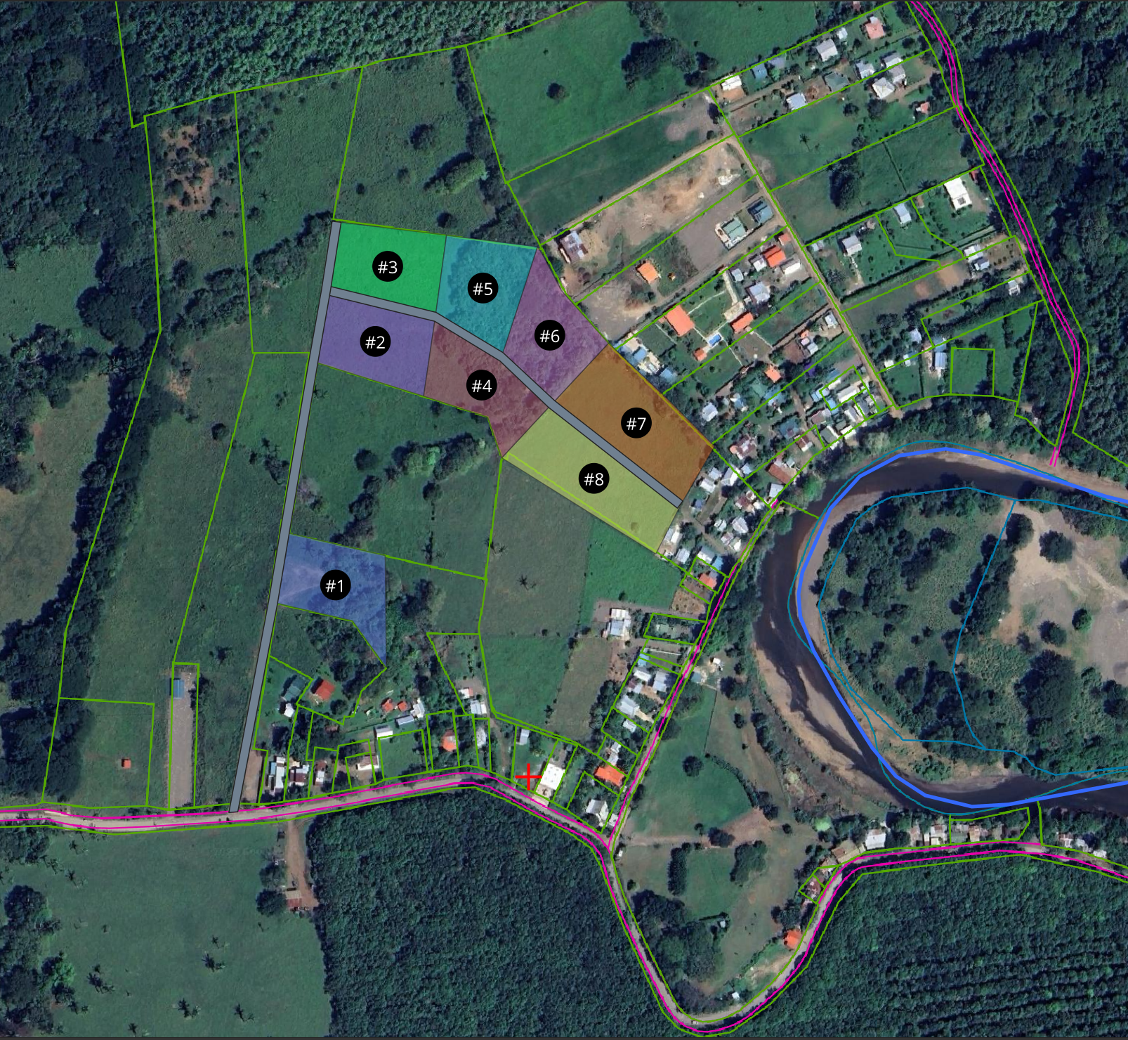 Los Llanos site plan showing 8 lots and current availability.